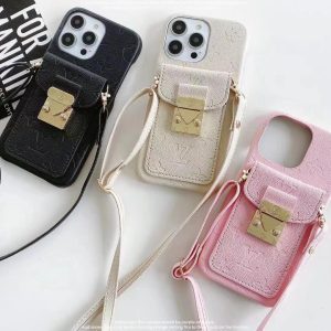 Louis Vuitton Embossed Leather Card Holder Case with Lanyard for iPhone 15 14 13 12 11 Pro Max