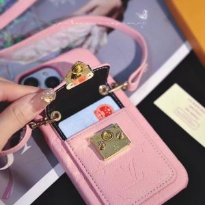 Louis Vuitton Embossed Leather Card Holder Case with Lanyard for iPhone 15 14 13 12 11 Pro Max