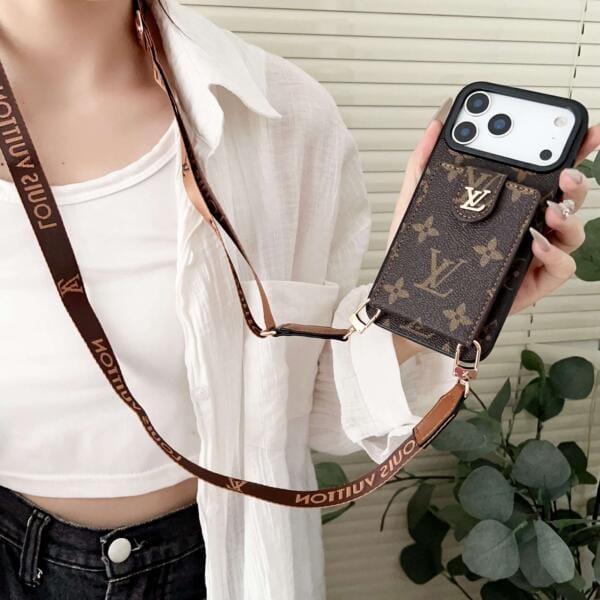 Crossbody Wallet Case for iPhone 17, Pro, Air & Pro Max | LV-Inspired Flip Card Holder with Strap