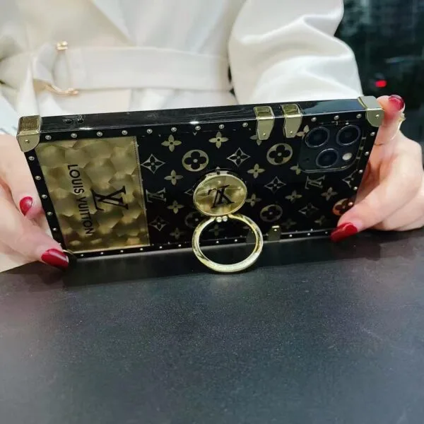 LV Trunk Case Black & Gold Diamond with Secure Ring Holder