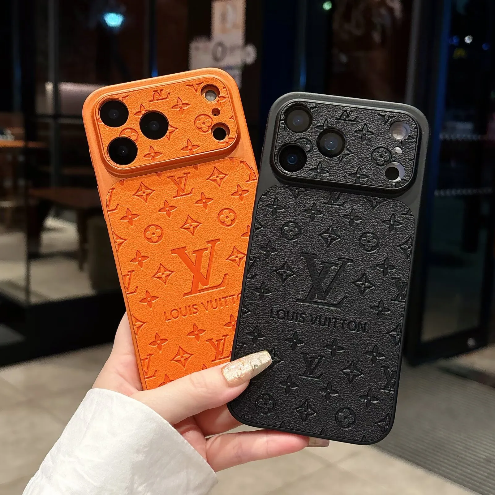 iPhone 17 Pro Max LV Soft Leather Texture Case in Orange and Black