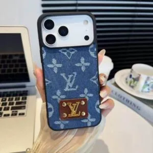 LV-Style Denim & Metal Logo Case for iPhone 17, Pro, Air, Max | Hand-Applied Badge