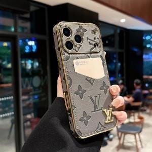 iPhone 17 / Pro / Max Slim Card Case - Embossed LV Texture & Gold Frame