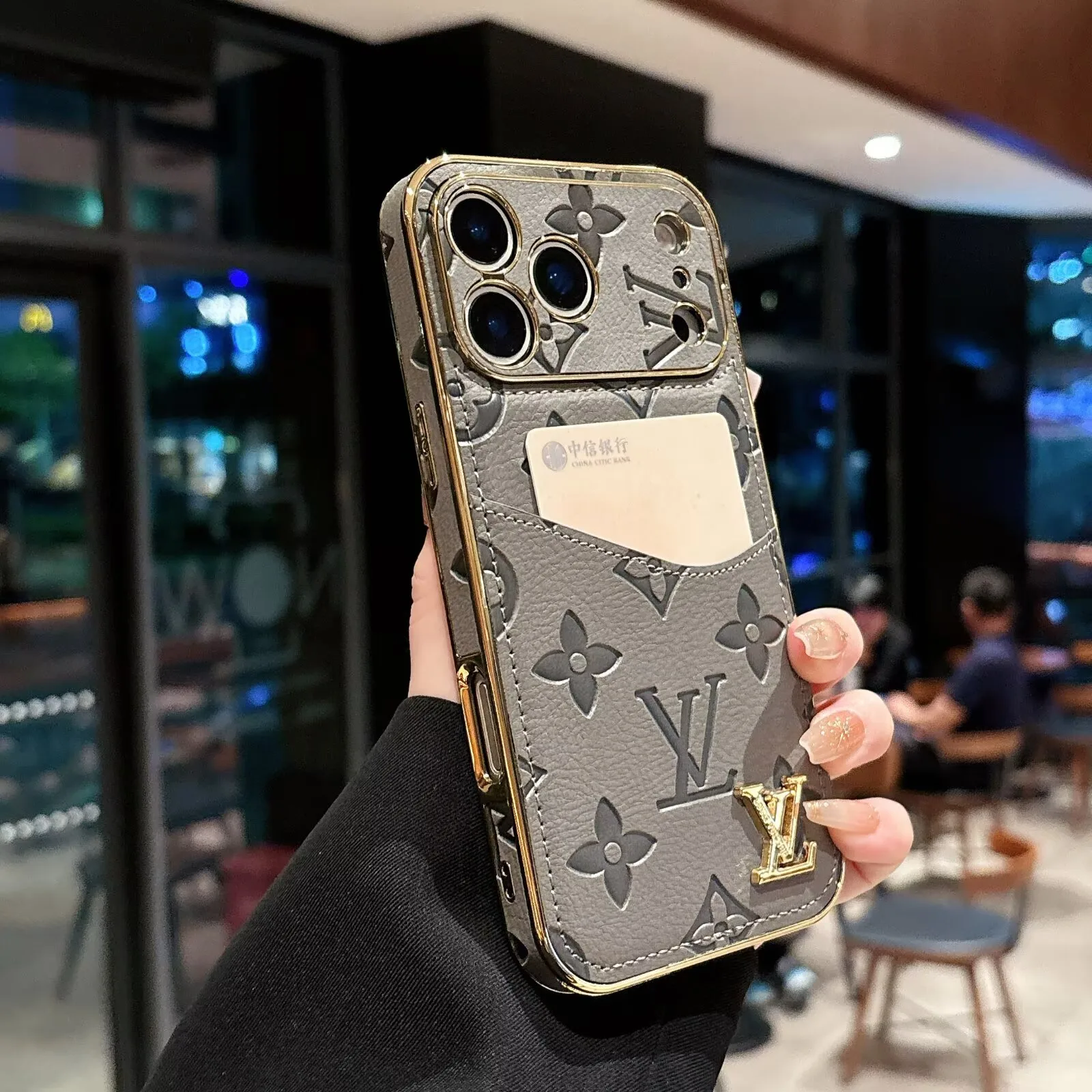 iPhone 16 Pro Max Gold Frame Embossed Leather LV Case