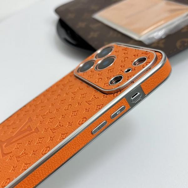 Silver Frame LV Monogram Case for iPhone 17/16/15 Series - Slim Leather