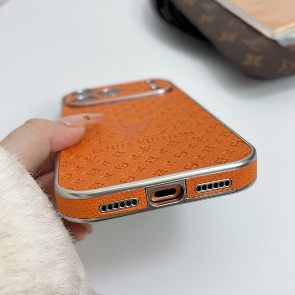 Silver Frame LV Monogram Case for iPhone 17/16/15 Series - Slim Leather