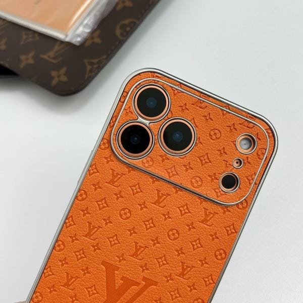 Silver Frame LV Monogram Case for iPhone 17/16/15 Series - Slim Leather