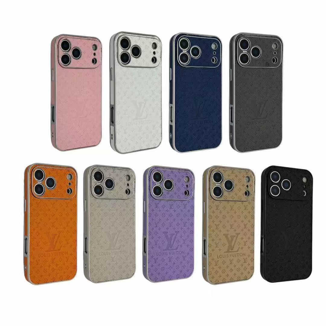 Silver Frame LV Monogram Case for iPhone 17/16/15 Series – Slim Leather