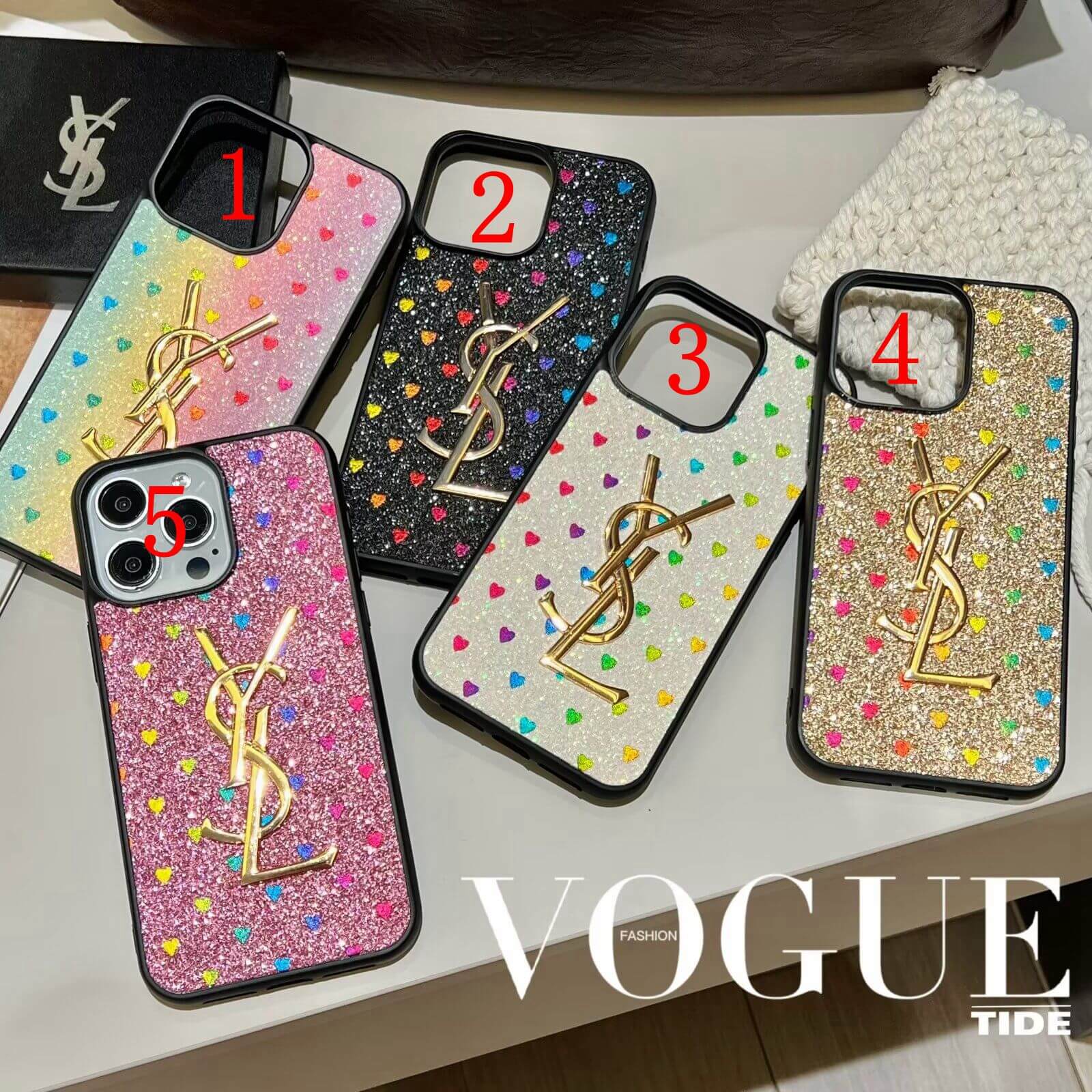 YSL Heart Shape Glitter Phone Case Luxury Handcrafted Phone Cases