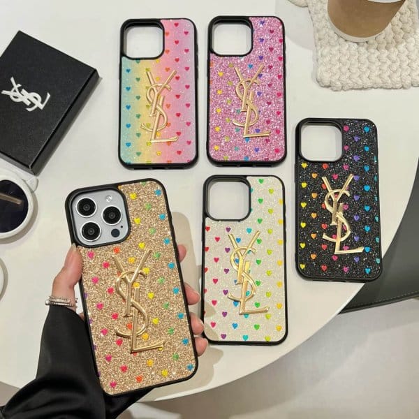 YSL Heart Shape Glitter Phone Case Luxury Handcrafted Phone Cases