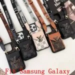 Louis Vuitton Premium Flip Card Holder Samsung Case with Crossbody Strap