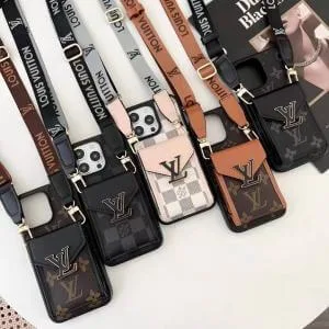 Luxury LV Monogram Card Holder Case with Big Black Logo & Wide Designer Strap